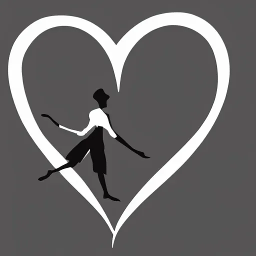 Prompt: clean black and white print on white paper, high contrast, logo of symmetric stylized dancer silhouette forming a symmetric heart