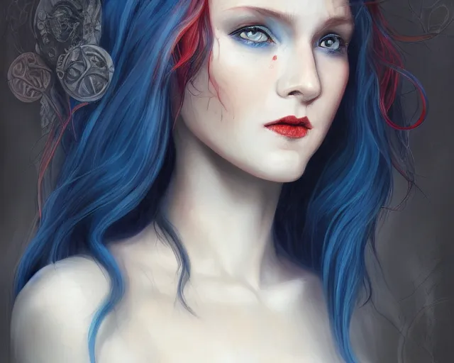 Image similar to A detailed matte oil on canvas head on symmetrical portrait of a distinguished elven woman with red and blue hair on an empty background, by Charlie bowater, Lise Deharme, Wlop, trending on artstationhd, dungeons and dragons art, parted hair , half blue, half red , split dye, critical role