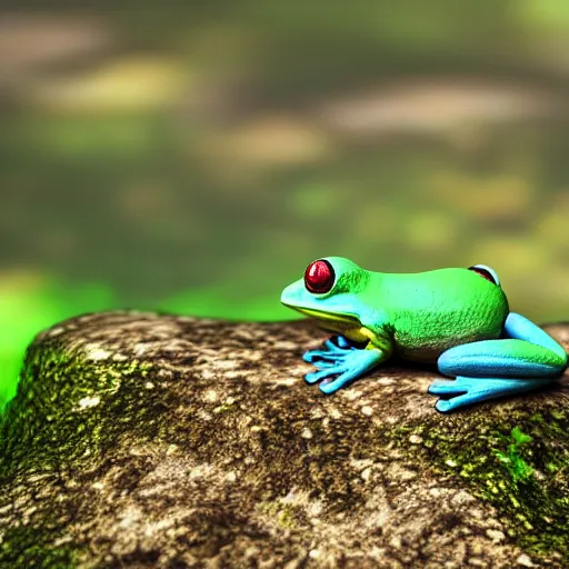 Image similar to a cute little frog sitting on a rock in the middle of a forest lake, isometric minimalist 3d render, unreal engine 5