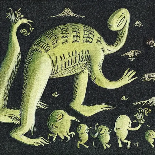 Image similar to life taking its first steps onto land. new life evolutionary ancestor. Ancient creature. Illustrated by Maurice Sendak