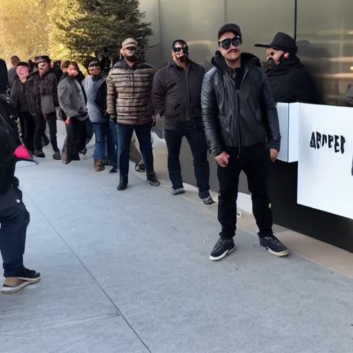 Prompt: Photo of a large grizzly bear wearing sunglasses and a leather jacket waiting in line at the Apple Store