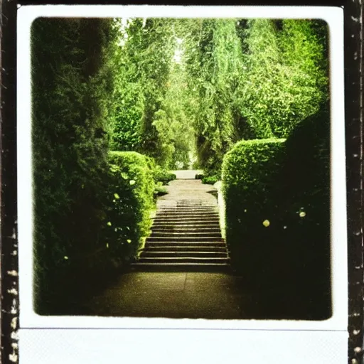 Prompt: courtyard walkway in an overgrown castle, surreal, polaroid,