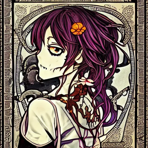 Image similar to anime manga skull portrait girl female skeleton illustration looney toons art Geof Darrow and alphonse mucha pop art nouveau