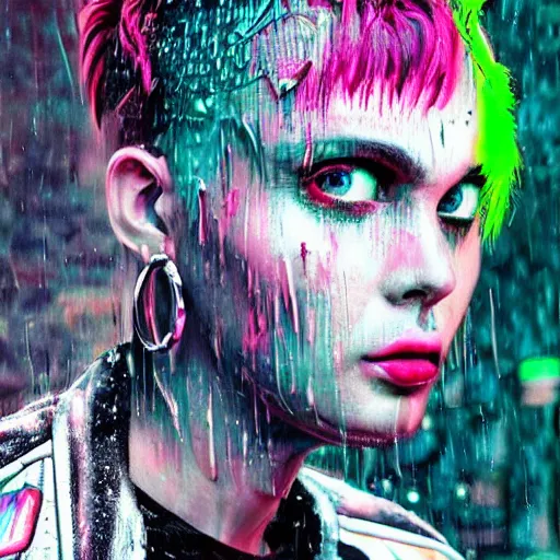 Image similar to splashes of neon, mowhawk, punk portrait made out of paint with rain in the background, trending on artstation, epic composition, emotional, beautiful, rendered in octane, highly detailed, realistic, tim burton comic book art, sharp focus, matte painting