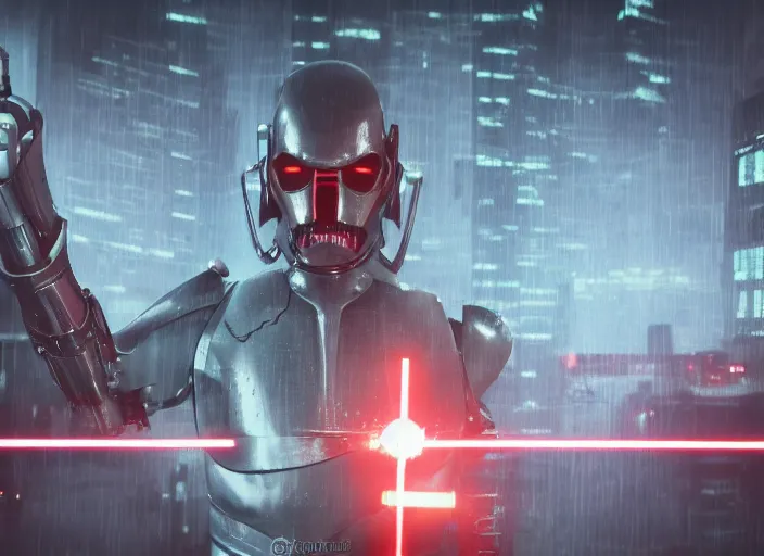 Image similar to 3 5 mm portrait photo of general grievous face with heavy duty biomechanical cybernetic body with 4 arms holding red lightsabers fighting obi wan kenobi in the city in the rain. cyberpunk horror in the style of george lucas. unreal engine render with nanite and path tracing.