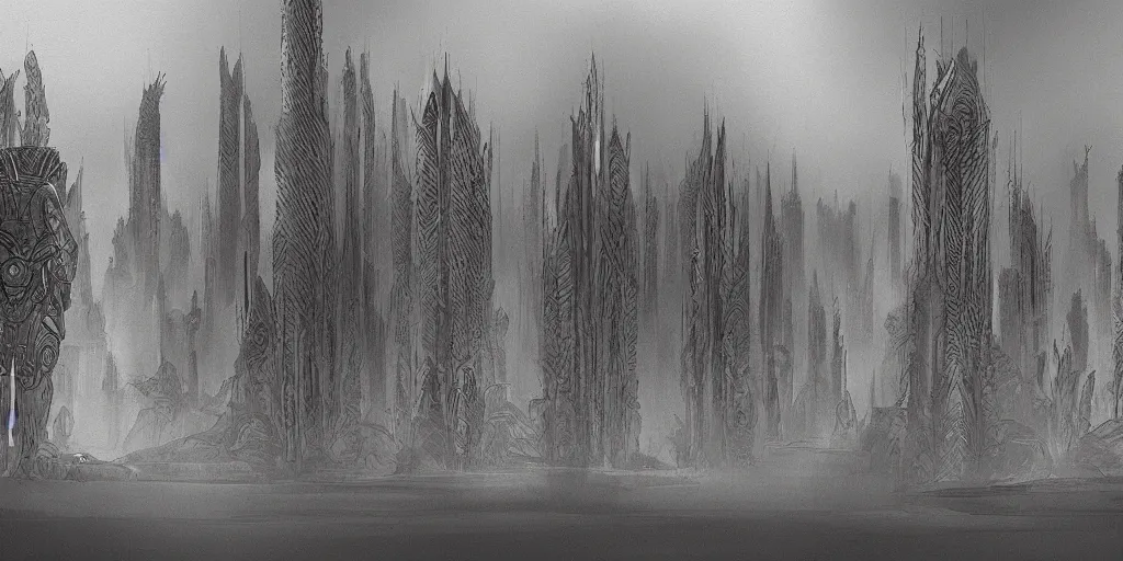 Image similar to city and temples of arrakis, but it is an oasis with trees and water, arrakeen, arab architectural and brutalism and gigantism, from frank herbert novels, composition idea concept art for movies, style of denis villeneuve and greg fraiser