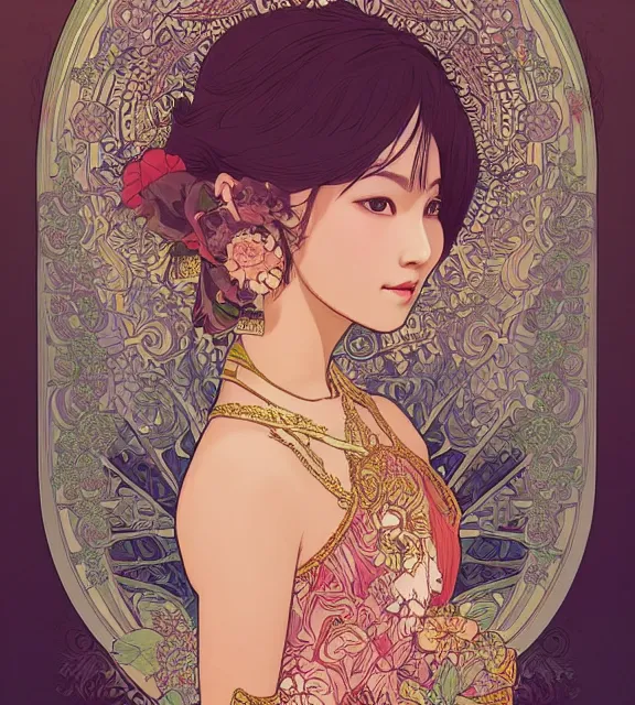 Prompt: beautiful and detailed digital illustration of thai princess by kittichai rueangchaichan and Ilya Kuvshinov, floralpunk, Artstation, art nouveau aesthetic, Alphonse Mucha background, intricate details,