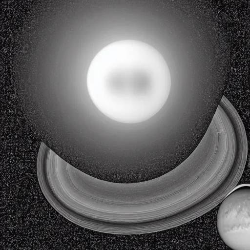 Prompt: black and white sketch of a another habitable planet but it has ring like saturn has two suns and one moon, photographed by space