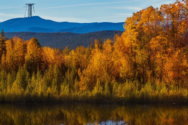 Image similar to a mountain with a radio tower next to a pond, autumn hills in background. telephoto lens photography.