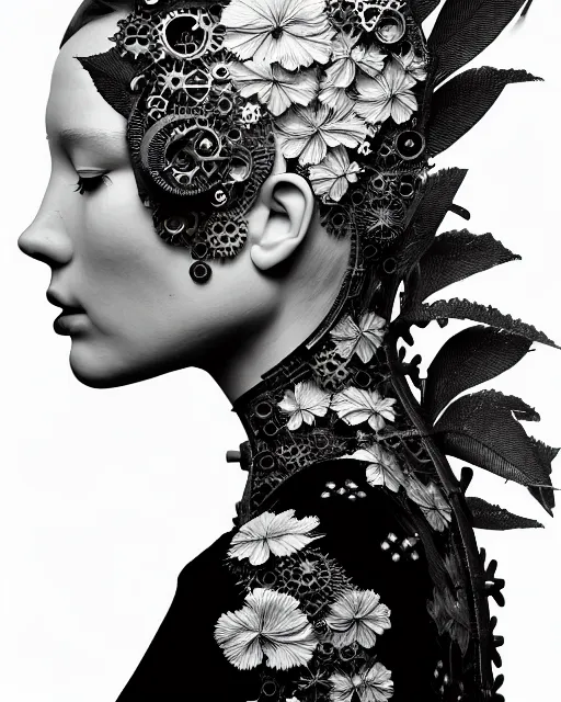 Image similar to black and white masterpiece profile portrait painting, dutch masters, silver lace floral steampunk biomechanical beautiful one techno eye young female cyborg, big monocular, volumetric light, leaves foliage and stems, hibiscus flowers, by cecile beaton, rim light, big gothic fashion pearl embroidered collar, 8 k