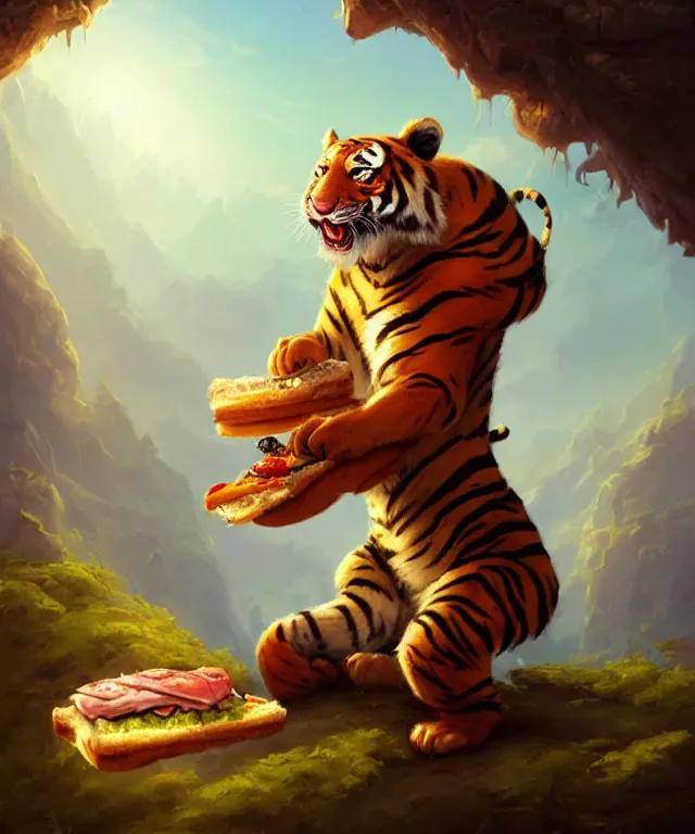 Prompt: a portrait an anthropomorphic explorer tiger eating a sandwich, landscape in background, cute and adorable, dnd character art portrait, well rendered matte fantasy painting, deviantart artstation, by jason felix by steve argyle by tyler jacobson by peter mohrbacher, cinematic lighting