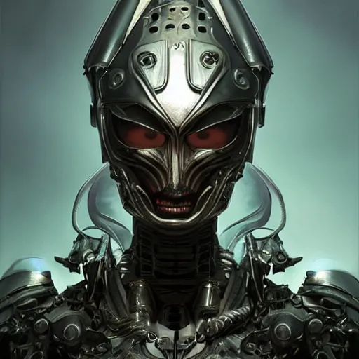 Image similar to mystical evil scifi cyborg android queen wearing a medieval helmet, covered in subsurface wax tendril leaves, volumetric lighting, ultra realistic, concept art, intricate details, serious, highly detailed, realistic, octane render, 8 k, unreal engine, art by todd mcfarlane and artgerm and greg rutkowski and alphonse mucha