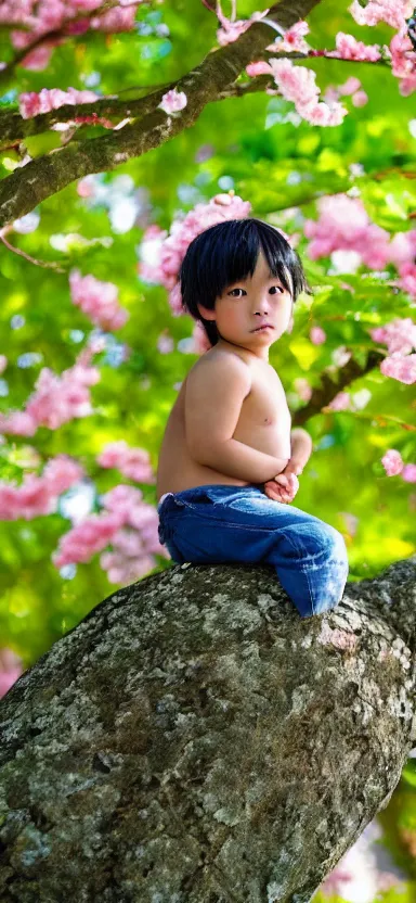 Image similar to “ a portrait of luffy as little kid at a sakura tree, side shot, by shunji dodo, 8 k resolution, photo, high quality ”