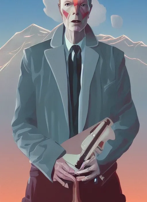 Prompt: Twin Peaks poster artwork by Michael Whelan and Tomer Hanuka, Karol Bak, Rendering of David Bowie as secret agent, from scene from Twin Peaks, full of details, by Makoto Shinkai and thomas kinkade, Matte painting, trending on artstation and unreal engine