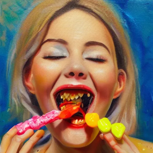 Prompt: An adorable happy woman chews on a candy as a colorful liquid flows from her mouth. Detailed oil painting.