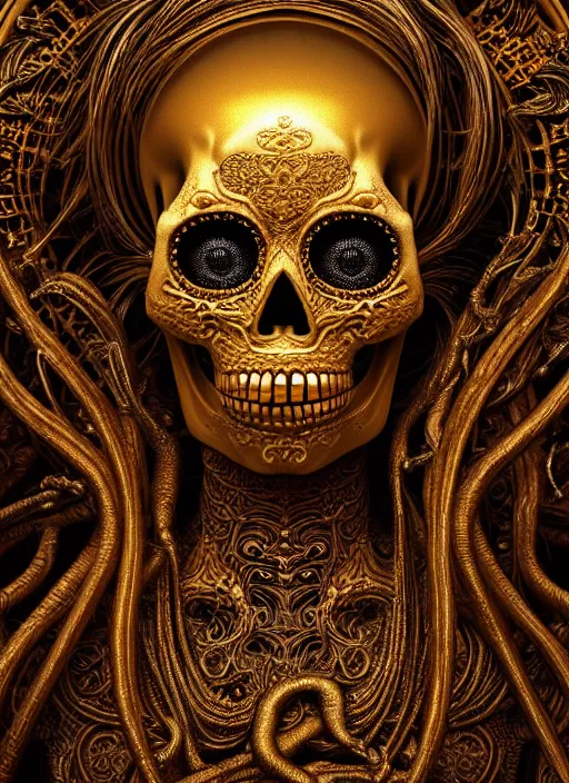 Image similar to a highly detailed photographic render of chthonic intricately carved golden sugar skull, intricate golden ornament, gilding, horror, dark fantasy, beautifully lit, ray traced, octane 3D render in the style of Gerald Brom and James Gurney Ayami Kojima, Beksinski, Giger