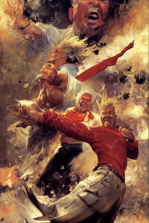 Prompt: guy fieri enraged, fighting gordon ramsay, punching, motion lines, action lines, painting by'phil hale '!!! gaston bussiere, craig mullins, greg rutkowski, alphonse mucha,