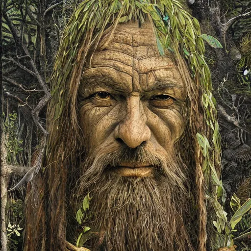 Image similar to A portait of an ancient druid made of bark, he live hidden in the vegetation of a forgotten forest, highly detailed painting, by Daisuke Satake