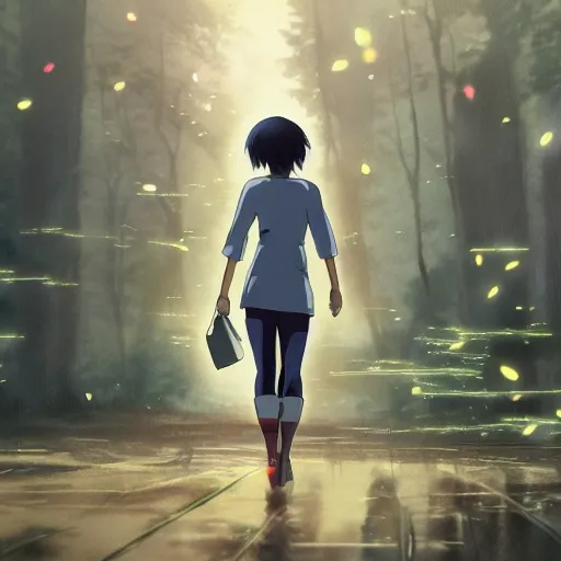 Prompt: anime, incredible wide screenshot, ultrawide, watercolor, studio ghibli, rough paper texture, ghost in the shell movie scene, girl in a dress walking through the beautiful forest, outdoors, fireflies!!!!, fog, dust