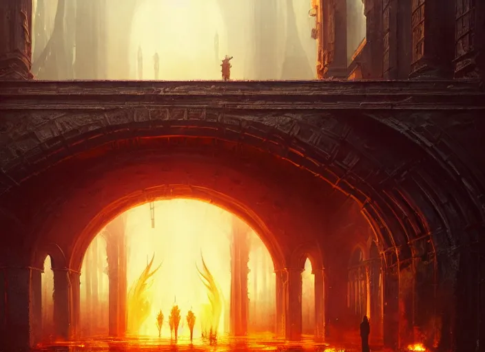 Image similar to huge gate, environment, illustration, fire, smoky, colors, epic scene, fantasy art by greg rutkowski, symmetrical, golden raito, high quality, intricate details, details, intricate, atmosphere, highly detailed, matte painting, cinematic, deviantart, realistic, concept art, 4 k