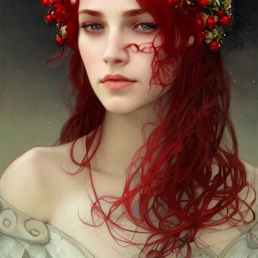 Prompt: portrait of very beautifull girl, thorn rose crown, thorn everywhere, headshot, pale skin, 4k, rule of thirds, extreme detail, detailed drawing, trending artstation, hd, fantasy, D&D, realistic lighting, by Alphonse Mucha, Greg Rutkowski, sharp focus, backlit, bright red hair, elegant