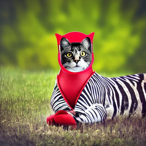 Prompt: photorealistic image of a cat in a space helmet with the body of a zebra stands in red boots and looks at the camera, focal length 85mm, photo hunting, realistic image, color photography, excellent quality