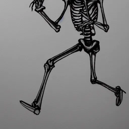 Prompt: pencil sketch of a skeleton sprinting with a cane