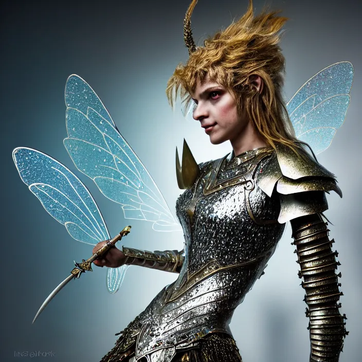 Prompt: full length photo of a fairy warrior wearing sparkling armour, highly detailed, 4 k, hdr, smooth, sharp focus, high resolution, award - winning photo