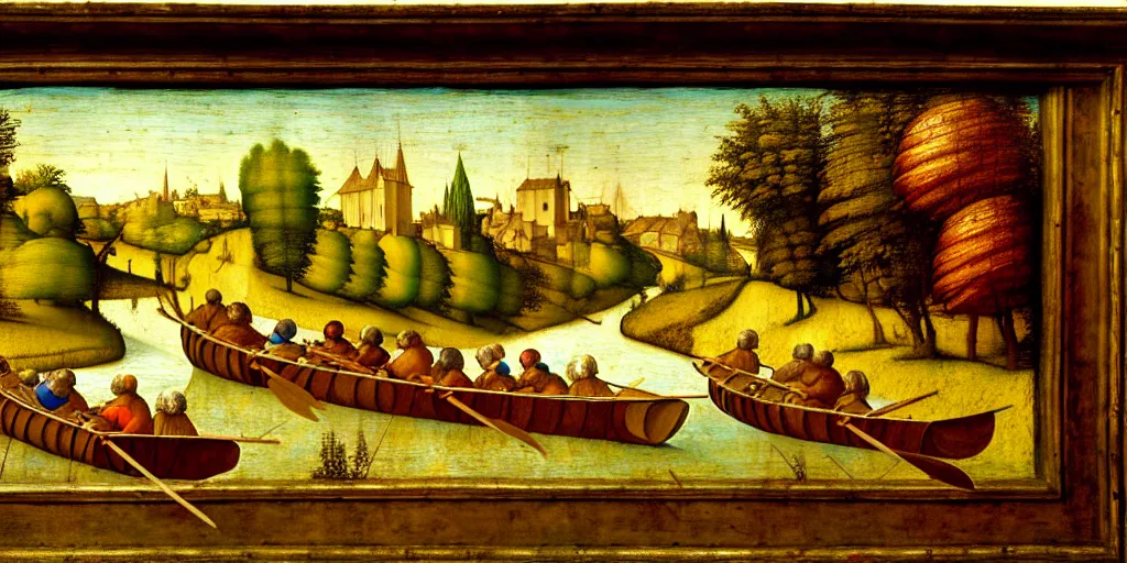 Image similar to A very detailed painting in the style of Leonardo Da Vinci featuring a river in Europe surrounded by trees and fields. A rubber dinghy is slowly moving through the water. Sun is shining