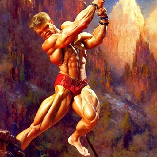 Prompt: stunning bodybuilder defeating master wizard with bare hands, highly detailed painting by gaston bussiere, craig mullins, j. c. leyendecker, 8 k