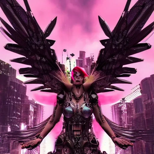 Prompt: cyberpunk valkyrie with wings flying over a city, cyberpunk future, pink flowers scattered around, metal, armor, pink details, high detail, tarot card detailing, ornate,