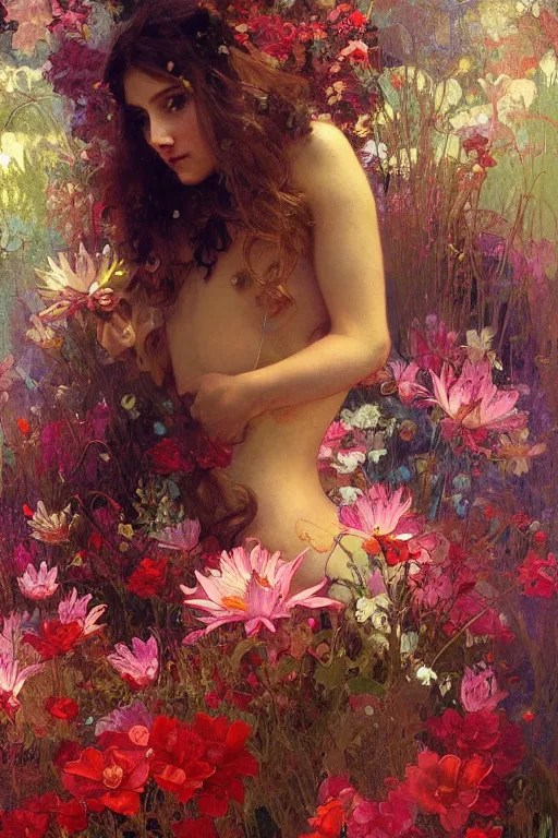 Prompt: a beautifull intricate painting of a disembodied soul surrounded by flowing lilly of the valey flowers, vivid colors, artstation, by jeremy mann, by alphonse mucha,