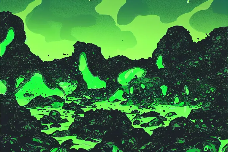 Image similar to glowing green rocks, toxic sludge, like where the hulk would live, landscape, comic book art style