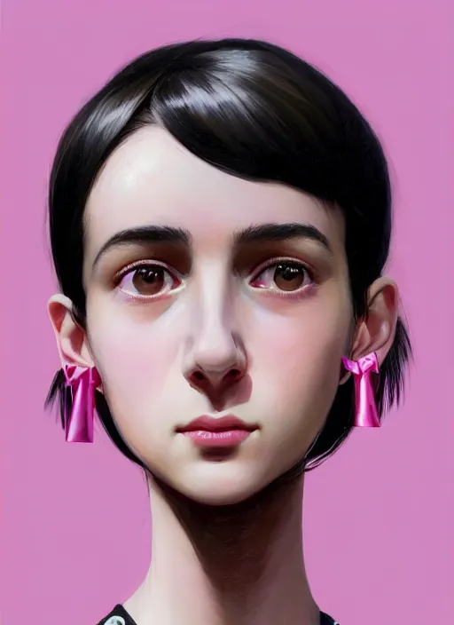 Image similar to portrait of teenage girl, realistic, black hair, bangs, half updo hairstyle, pointy nose, skinny, smile, ugly, defined jawline, big chin, pink hair bow, earrings, intricate, elegant, glowing lights, highly detailed, digital painting, artstation, sharp focus, illustration, art by wlop, mars ravelo and greg rutkowski