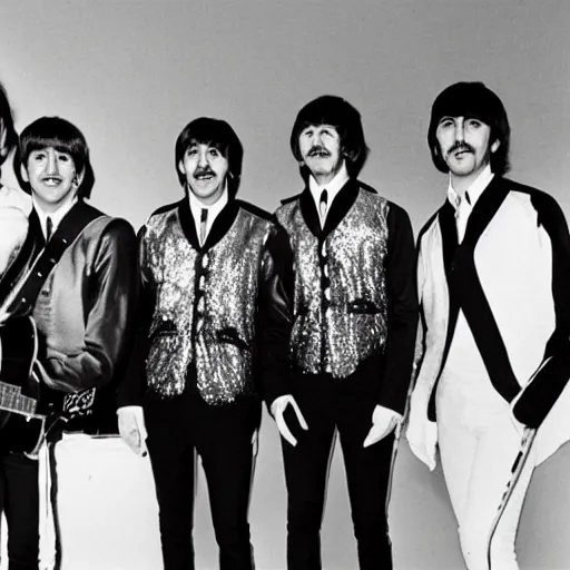 Prompt: The Beatles rock band dressed in beetle costumes