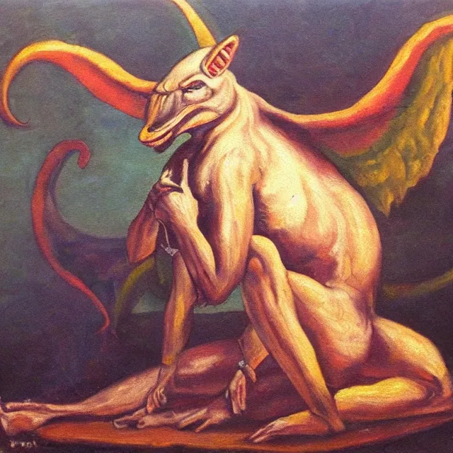 Prompt: baphomet sitting on the floor, vintage, oil painting