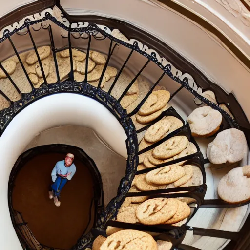 Prompt: a guy walking up a spiral staircase made of cookies