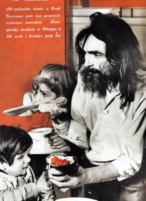 Image similar to vintage pharamaceutical magazine advertisement depicting charles manson feeding jello to children