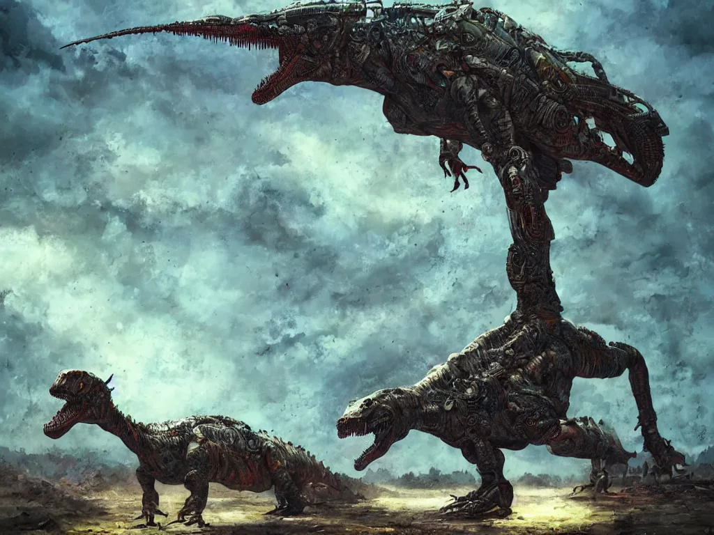 Image similar to A hyperrealistic illustration of a cyborg dinosaur in a strange landscape by Enki Bilal, Anato Finnstark, award-winning, masterpiece, extreme detail, sharp focus