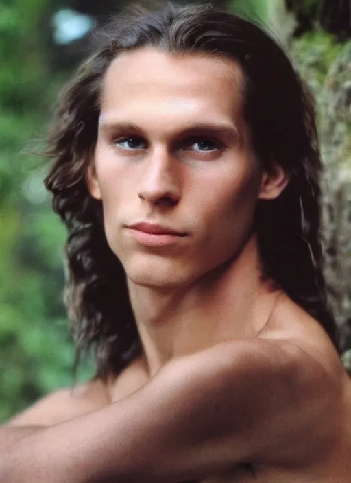 Image similar to a very skinny young Tarzan close-up portrait of young white male, with long straight slicked back brown hair shoulder length