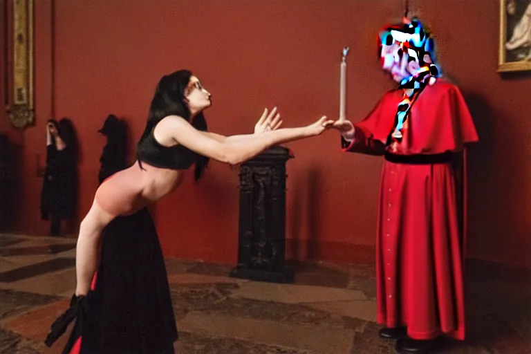 Prompt: dark scene at the vatican, pope performing an exercism on a girl with long black hair wearing a red dress, dramatic atmosphere, 3 5 mm, vivid colors, hyper detailed, 8 k