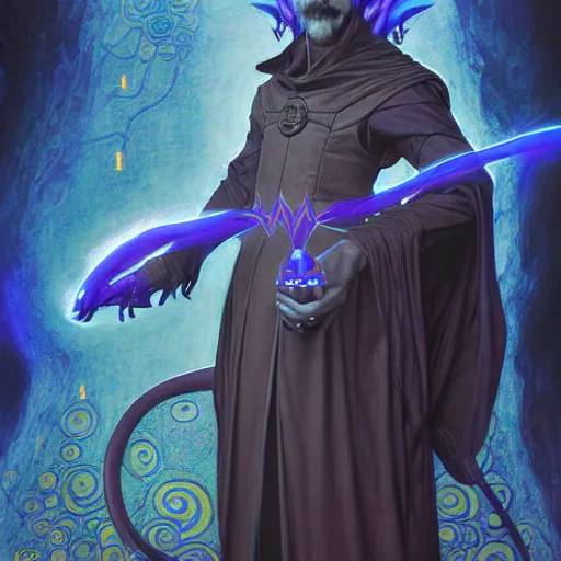 Image similar to half length portrait of a medieval fantasy sorcerer, a male anthropomorphic nerdy blue dragon with electrcity magic, fantasy, d & d, high details, art by ( ( ( kuvshinov ilya ) ) ) and wayne barlowe and gustav klimt and artgerm and wlop and william - adolphe bouguereau