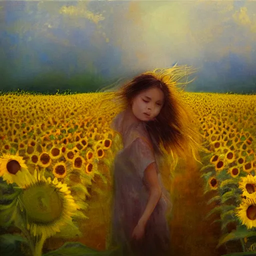 Prompt: a dreamy vision of girl slowly walking through amazing tall sunflower field, her hair flowing down, fog, subtle, intricate details, real masterpiece, oil on canvas, by somsak anong