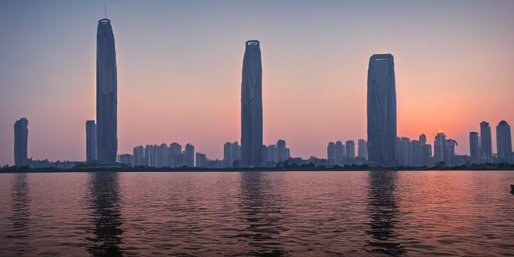 Prompt: guangzhou tower, under water, sunset