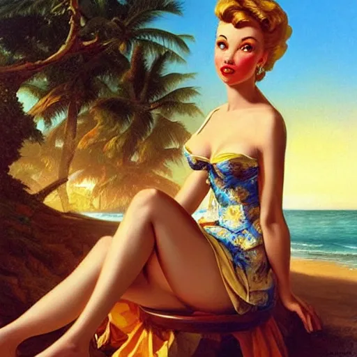 Prompt: realistic photo, woman, dressed in pin up style, beach, sun, stylish, proportional, greg hildebrandt fancy rococo baroque regal oil painting high quality