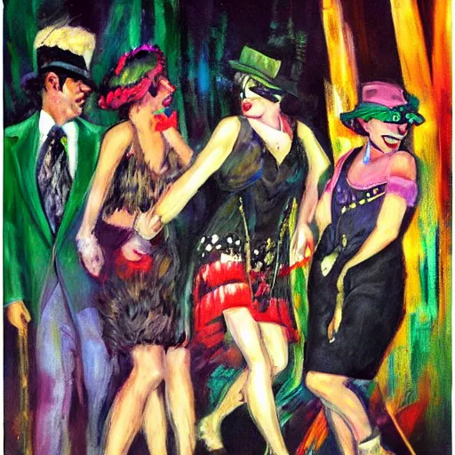 Prompt: impressionist noir rave party, where distinguished flappers meet swing king hippies