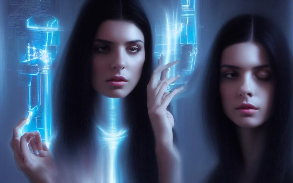 Prompt: beauty young spanish woman with long black hair interacting with hologram interface in holograms of alien artifacts, electrical case display, Terminator tech, ultrarealistic, dramatic lighting, electrical details, high details, 4k, 8k, best, accurate, trending on artstation, artstation, photorealism, ultrarealistic, digital painting, style of Peter Mohrbacher, Caravaggio, Hajime Sorayama and Boris Vallejo