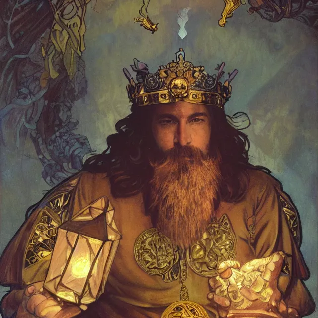 Prompt: an aesthetic! a detailed portrait of a man in a long beard, with a crown, holding a lantern with huge piles of gold in the background, ravens flying overhead by frank frazetta and alphonse mucha, oil on canvas, art nouveau dungeons and dragons fantasy art, hd, god rays, ray tracing, crisp contour lines, huhd