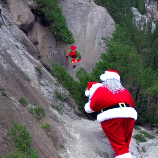 Prompt: santa claus pushing a midget down a cliff