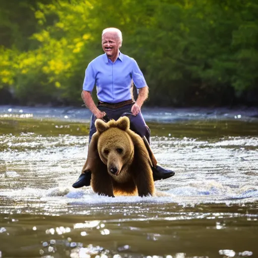 Image similar to high quality photograph of joe biden riding a bear across a river, golden hour